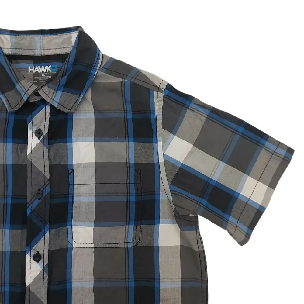 Hawk Plaid Shirt Youth XL 14-16 Gray Button Up Short Sleeve Casual